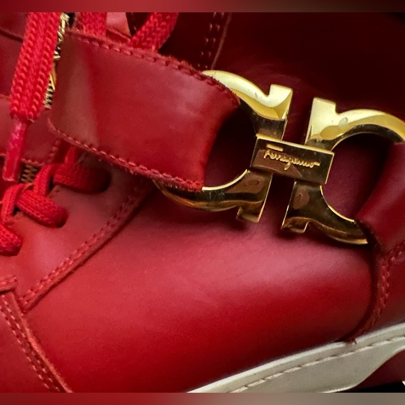 Red Ferragamo high top sneakers with cream sole and gold detail - Picture 4 of 5